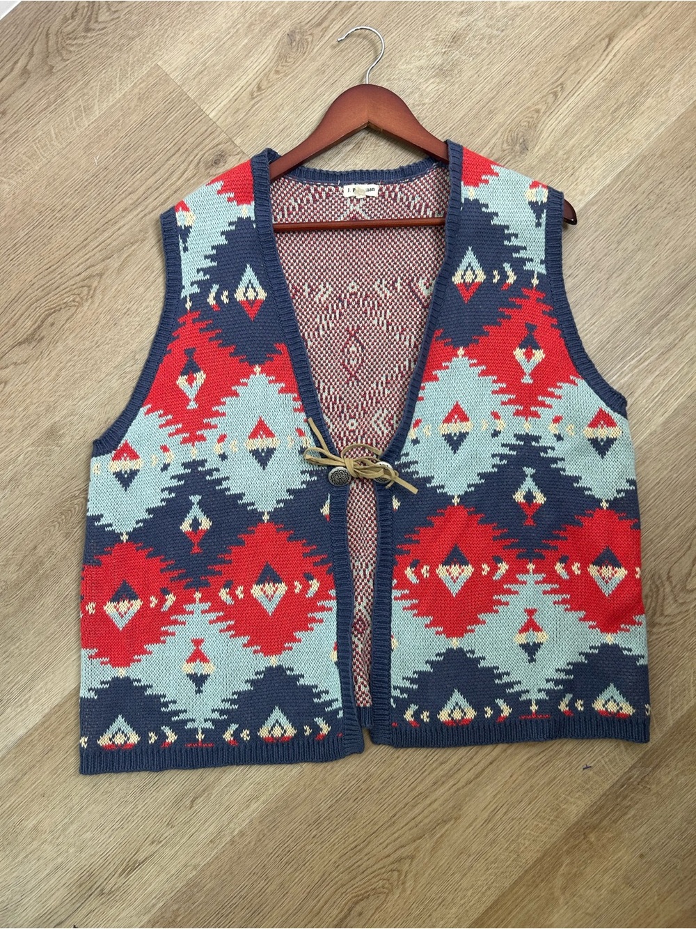 J. Peterman Cotton Linen Knit Aztec Southwestern Leather Tie Front Vest